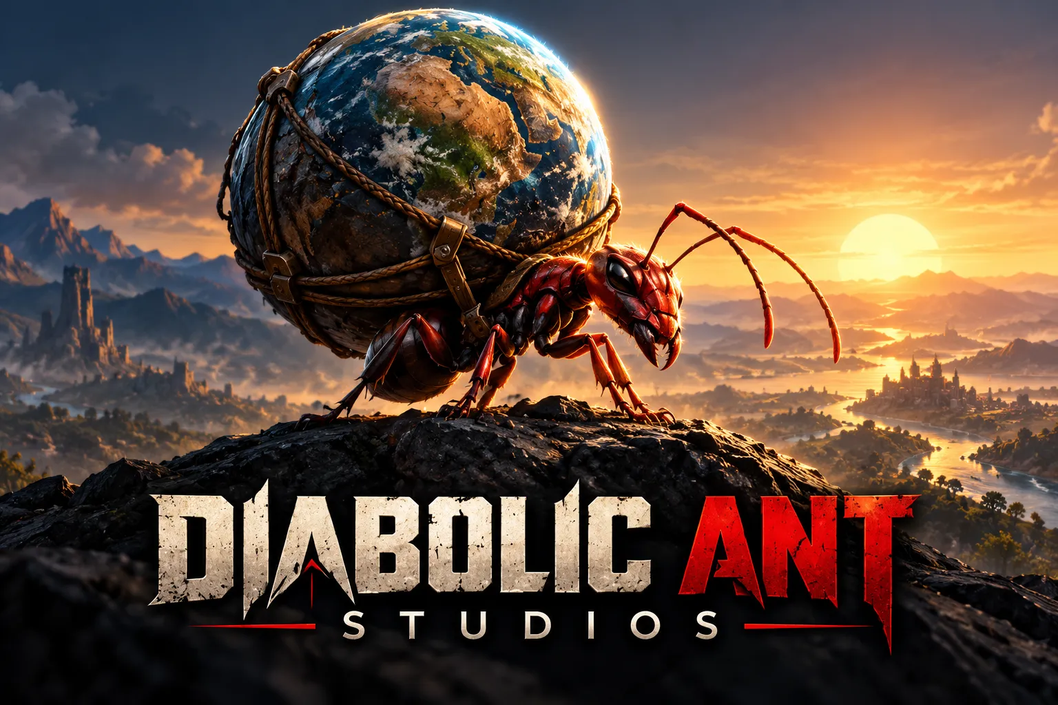 A red ant carrying the Earth on its back across a mountain ridge at sunrise